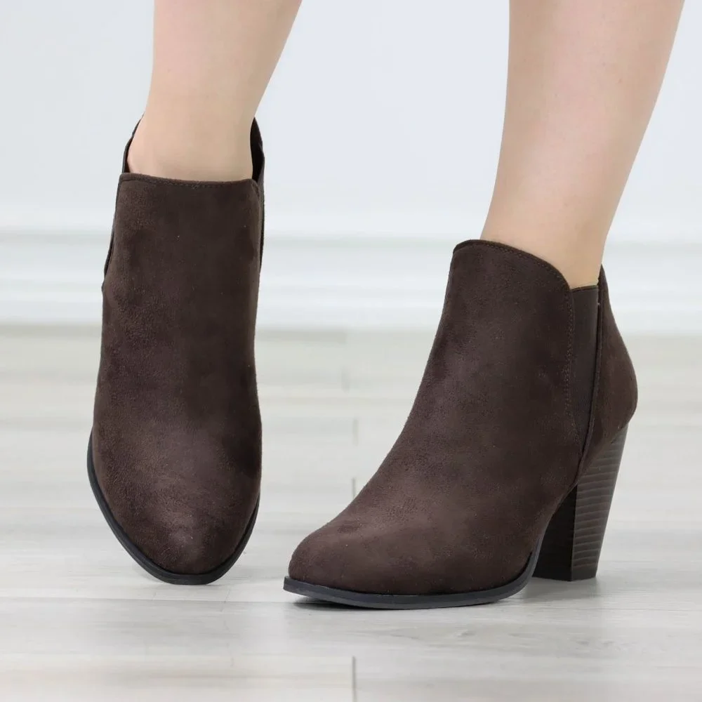 Womens Ankle Heeled Boots Elastic Gore Pointed Toe Brown Faux Suede - Picture 11 of 12